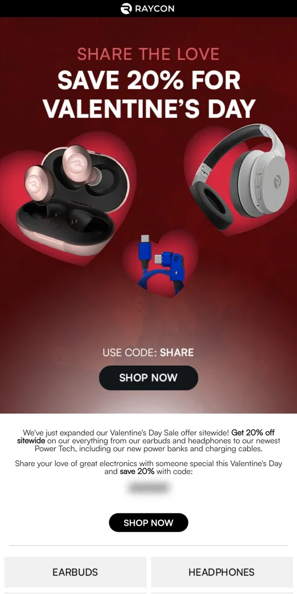 Email from Raycon. Save 20% off today at Raycon for Valentine's Day!