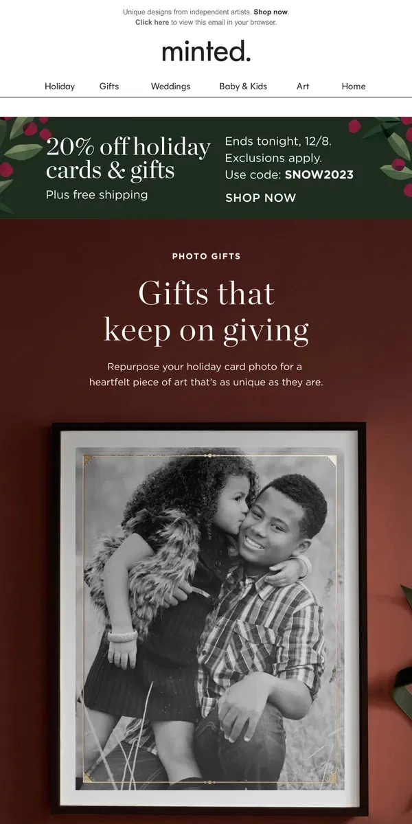 Email from Minted. 20% off to wrap up your gift shopping