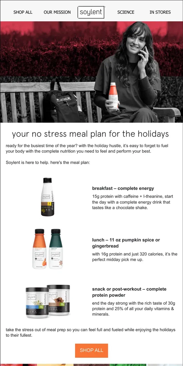 Email from Soylent. happy holiday meal plan inside!