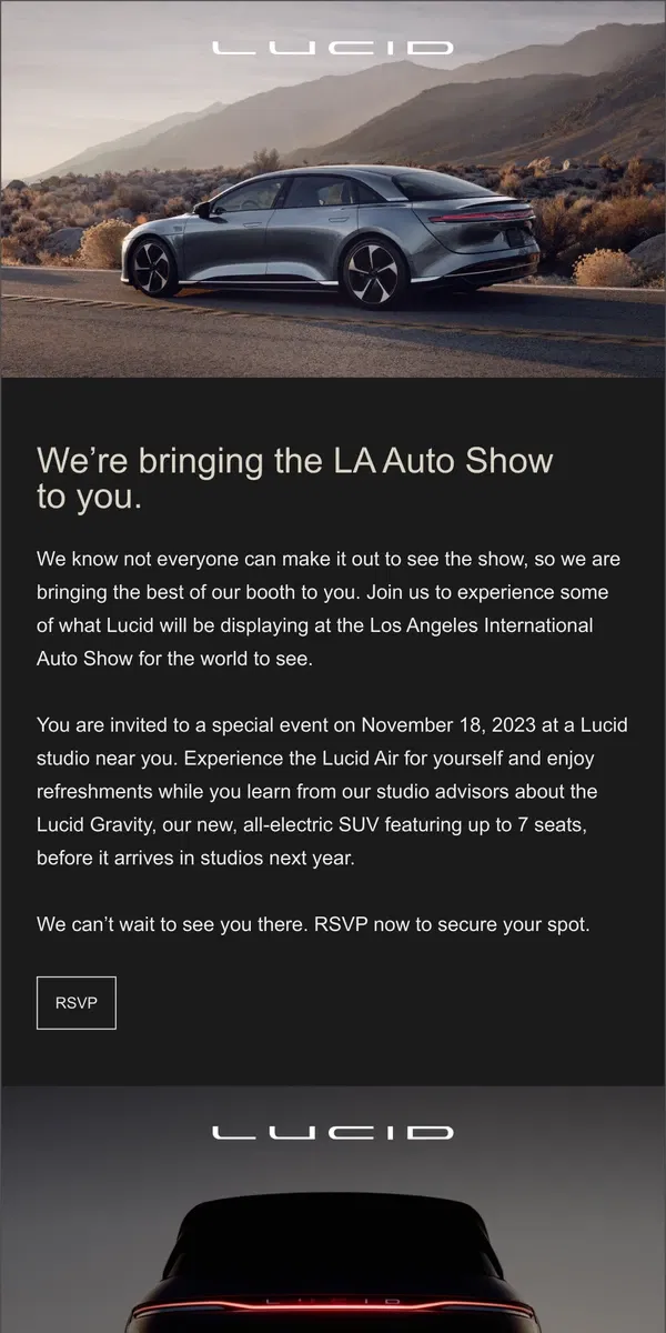 Email from Lucid Motors. We’re bringing the LA Auto show to a Lucid studio near you.