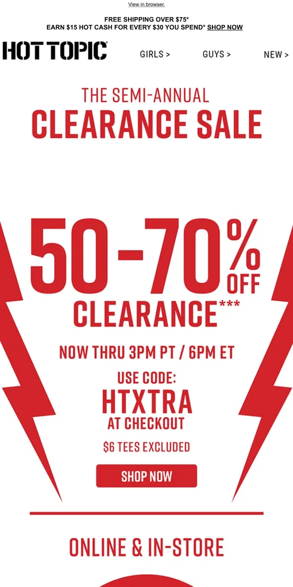 Email from Hot Topic. ⚠️ EXTRA 15% Off Clearance now thru 3PM PT / 6PM ET ⚠️