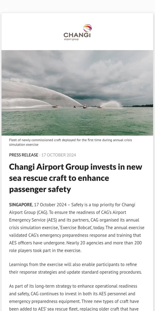 Email from Changi Airport. Changi Airport Group invests in new sea rescue craft to enhance passenger safety