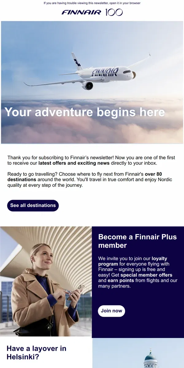 Email from Finnair. Welcome to Finnair’s newsletter