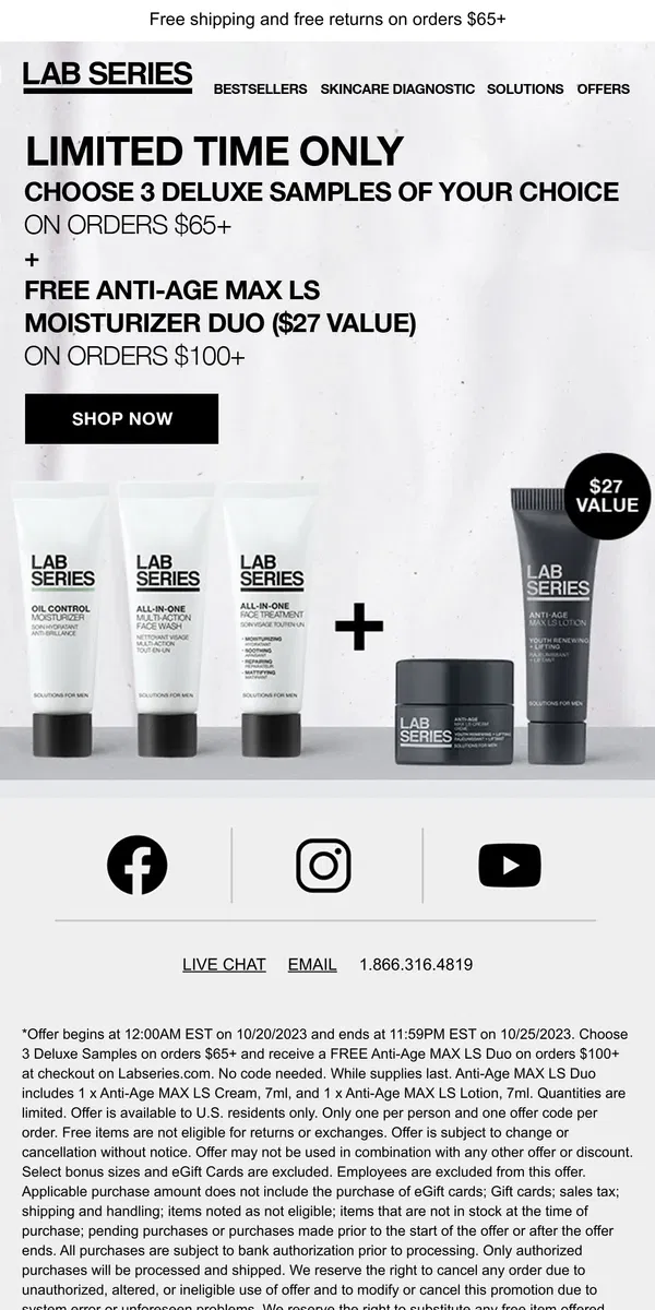 Email from Lab Series. FREE 5-Piece Gift On All Orders $100+