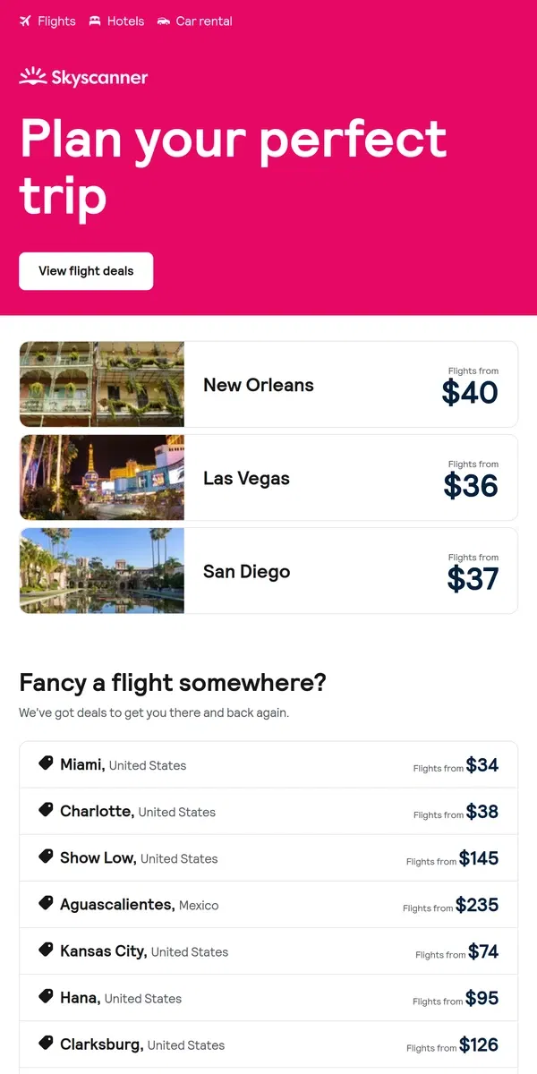 Email from Skyscanner. New Orleans from $40 and more ✈️