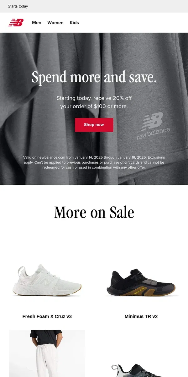 Email from New Balance. Spend $100, get 20% off