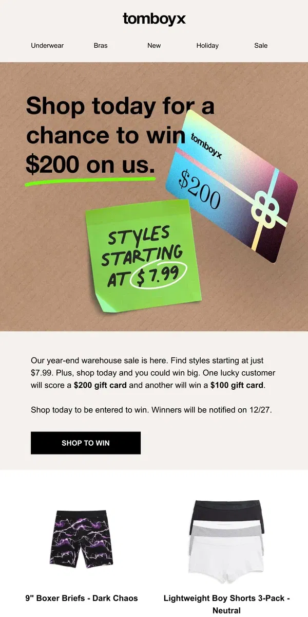 Email from TomboyX. Shop today to win $200