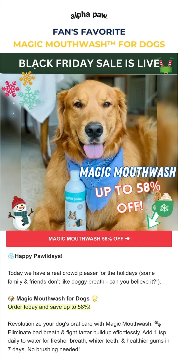 Email from Alpha Paw. 🐶 say bye-bye to bad doggy breath 🤢