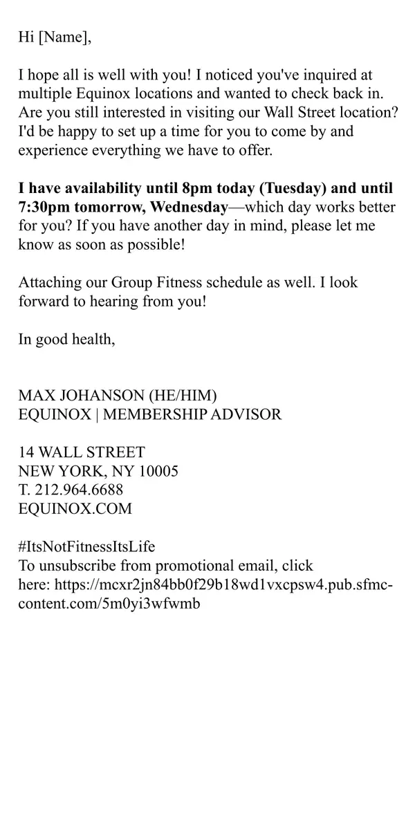 Email from Equinox. Still Thinking About EQX? Let's Make It Happen.