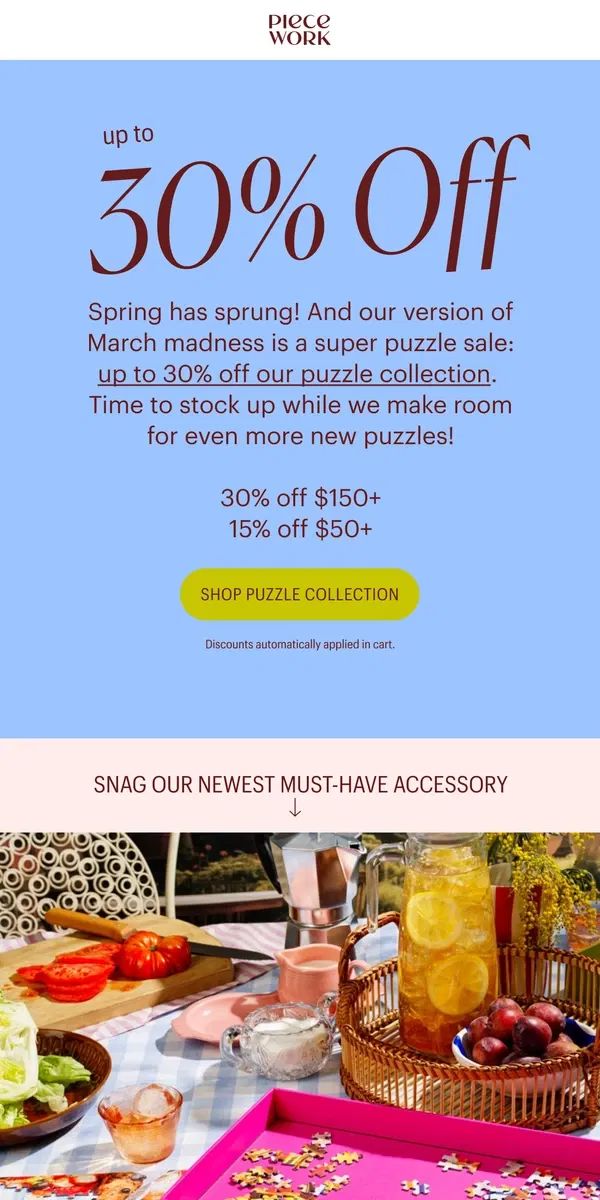 Email from Piecework Puzzles. Spring Sale starts NOW! 🌸