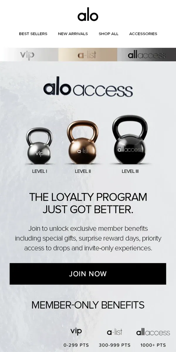 Email from Alo Yoga. ALO ACCESS JUST GOT BETTER