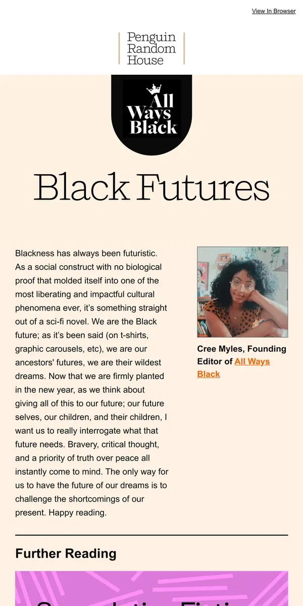 Email from Penguin Random House. Celebrating Black Futures With All Ways Black