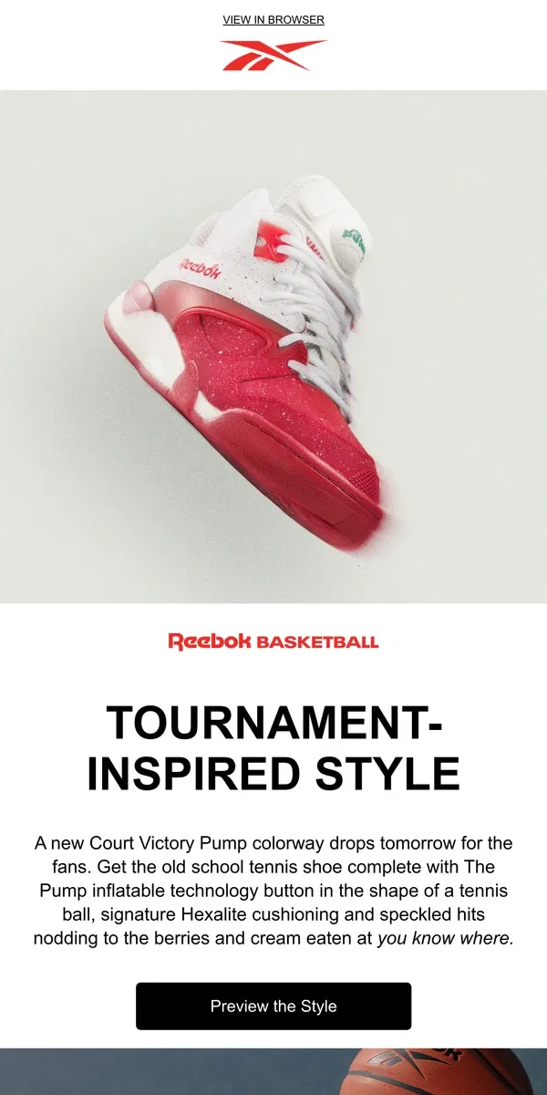 Email from Reebok. New Court Victory Pump drop