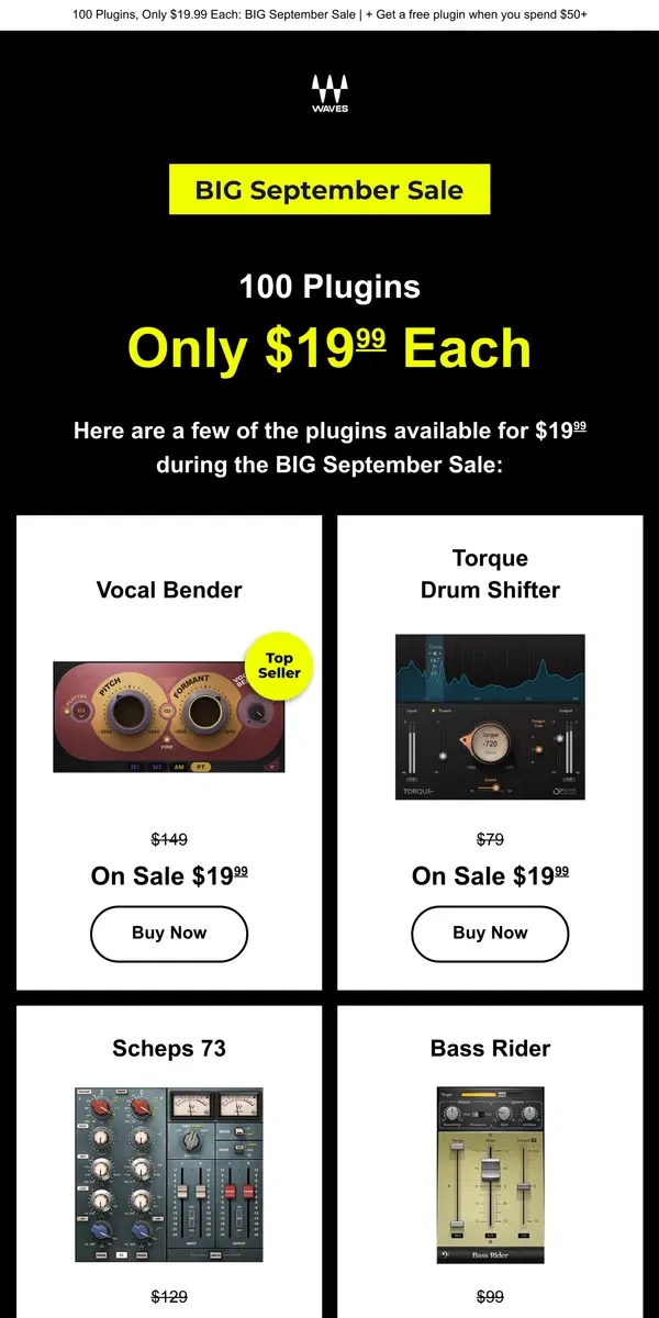 Email from Waves Audio. Vocal Bender, Bass Rider 🎉 $19.99 Each