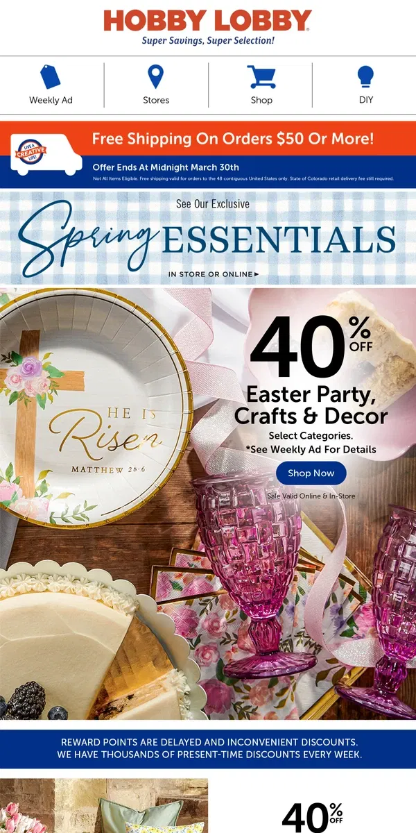 Email from Hobby Lobby. Celebrate Easter With 40% Off!