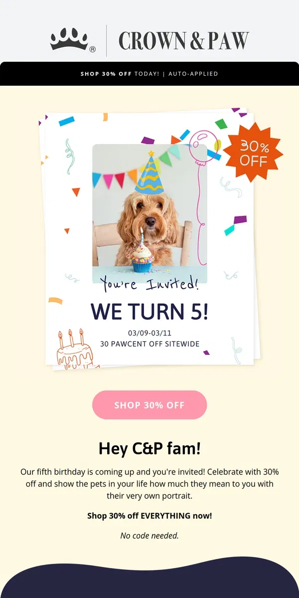 Email from Crown & Paw. Happy Birthday to us! 🎂