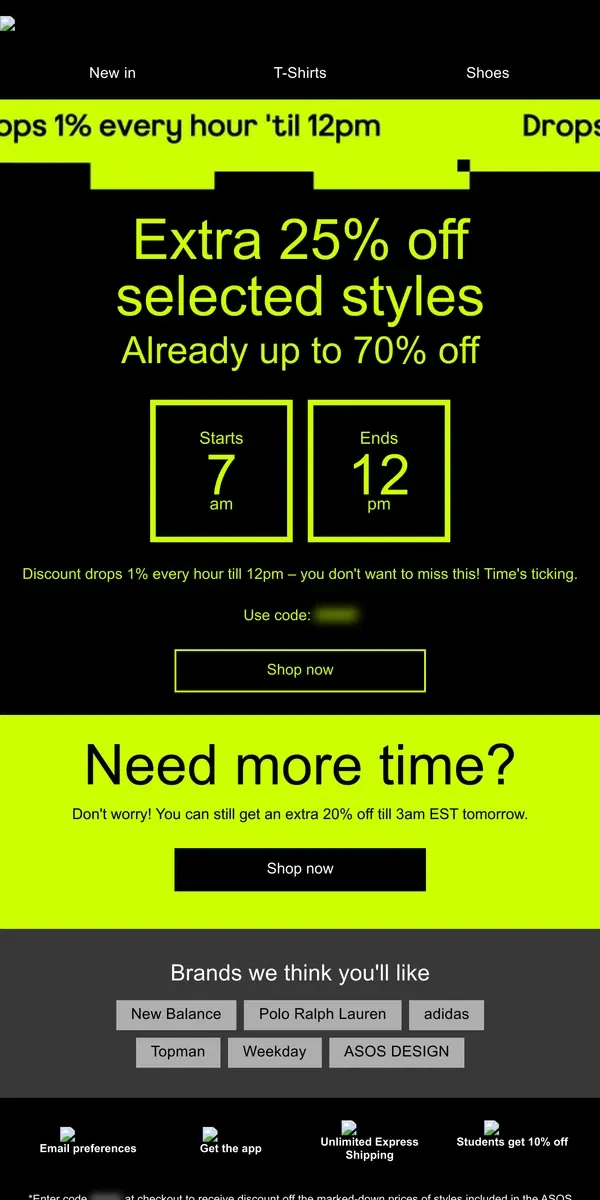 Email from ASOS. Extra 25% off selected Sale styles 7am-12pm EST