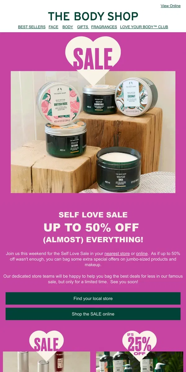 Email from The Body Shop. Up to 50% off join us this weekend