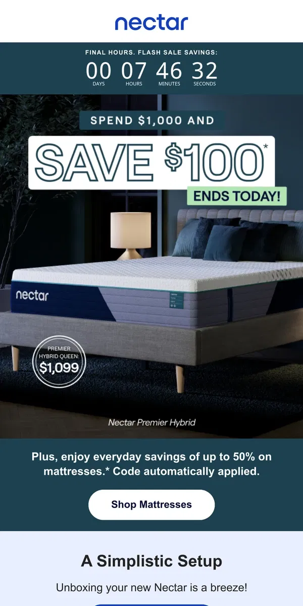 Email from Nectar. Final hours 🕖! Spend $1,000 & Save $100 🤑. Better mornings await 🌞.