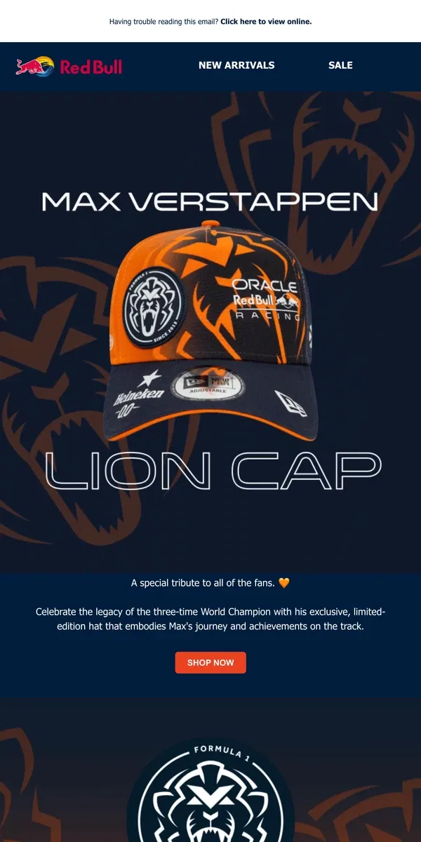 Email from Red Bull. Available Now: Max's Lion Hat 🦁