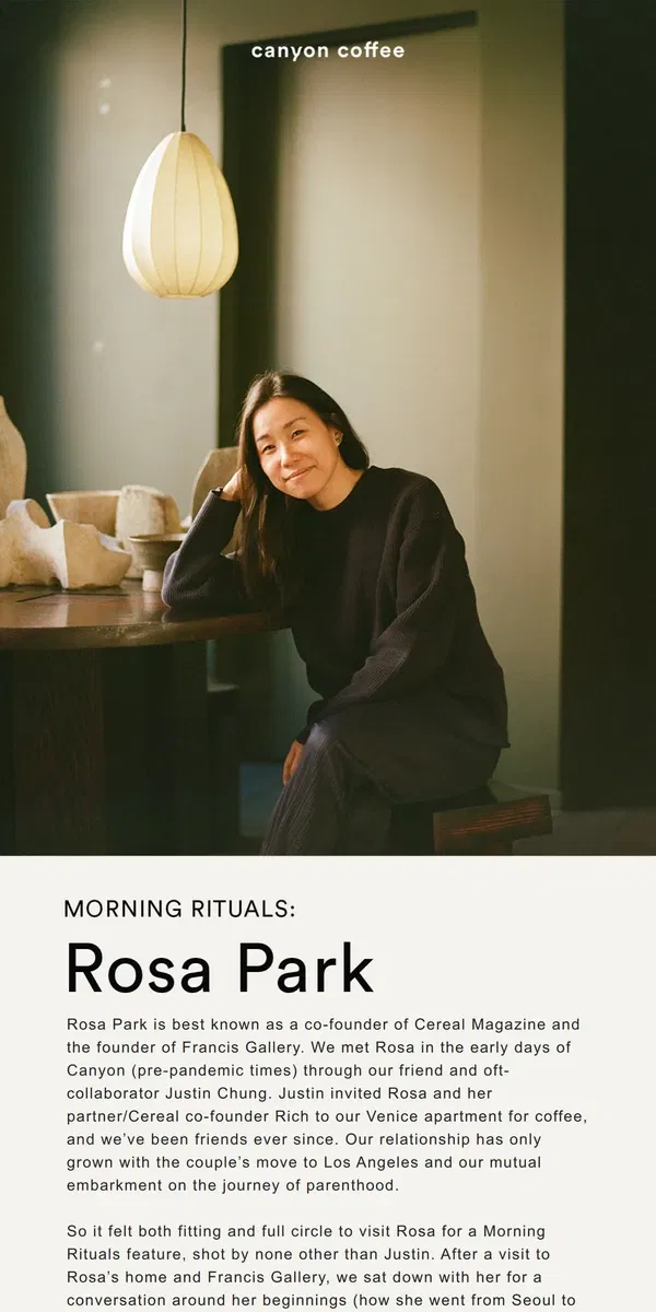 Email from Canyon Coffee. Morning Rituals: Rosa Park