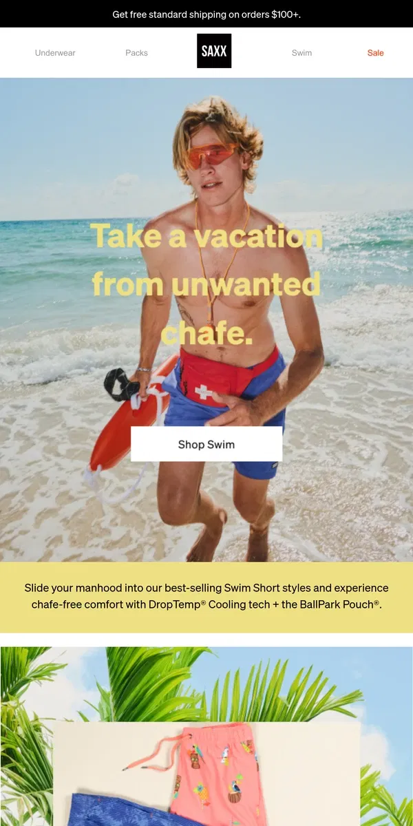 Email from SAXX Underwear. Experience chafe-free Swim Shorts