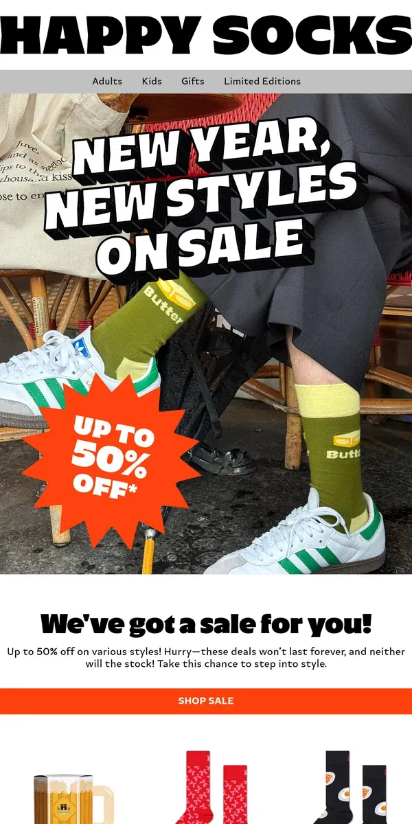 Email from Happy Socks. Seasonal Sock Sale—Up to 50% Off!