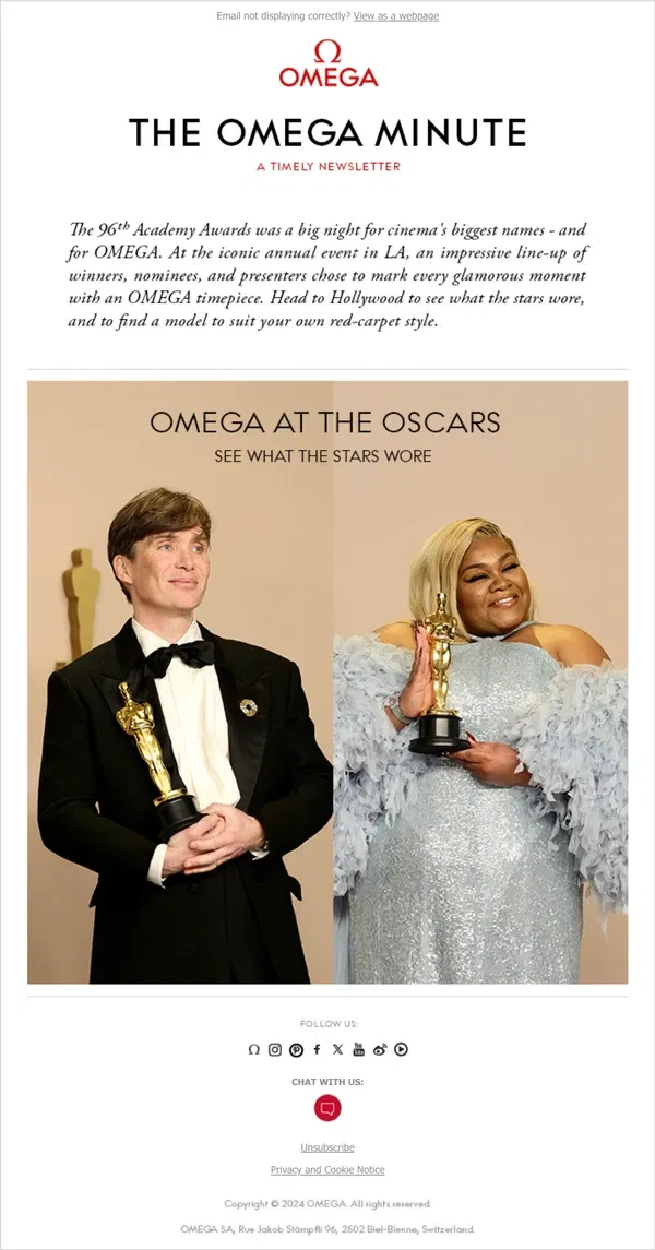 Email from OMEGA. OMEGA at the Oscars