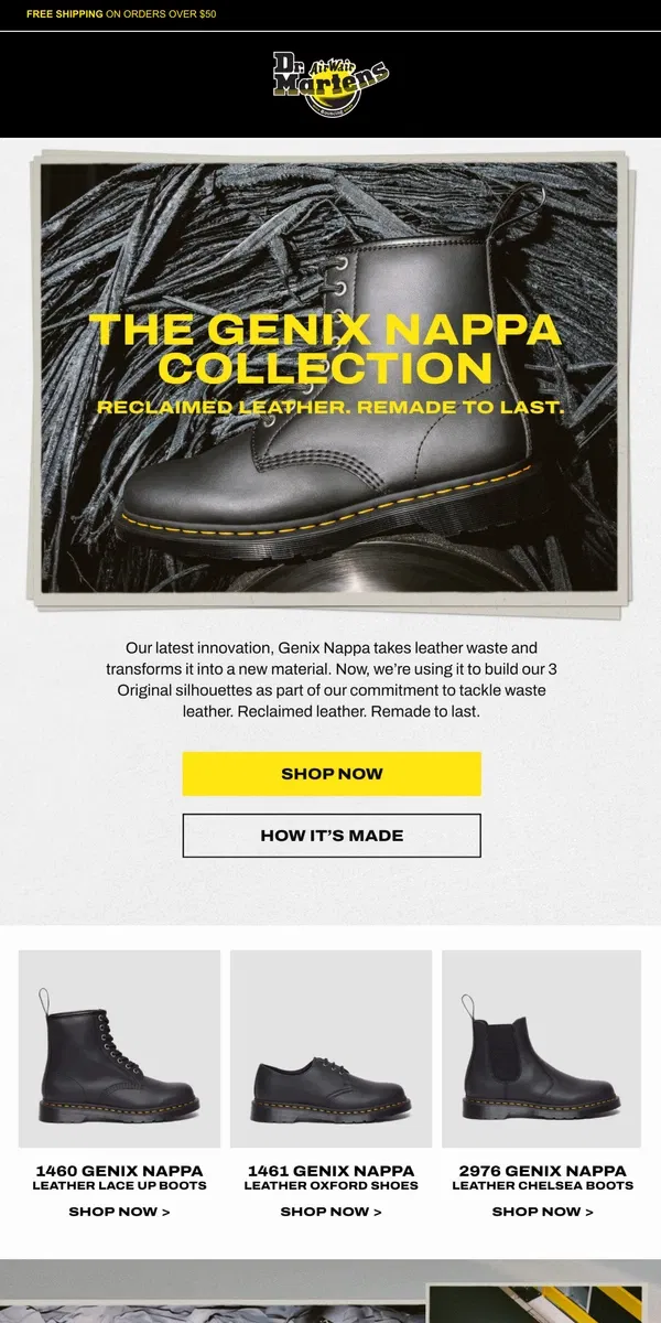 Email from Dr. Martens. Genix Nappa. Reclaimed leather. Made to last.