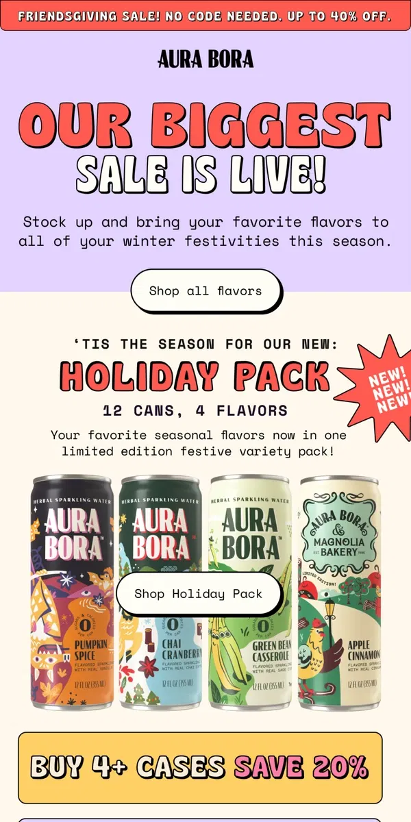 Email from Aura Bora. Friendsgiving Sale | Up to 40% off