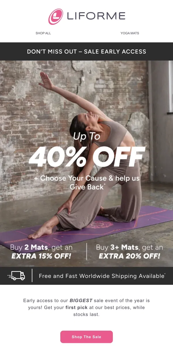 Email from Liforme. Up to 40% off – sale early access!