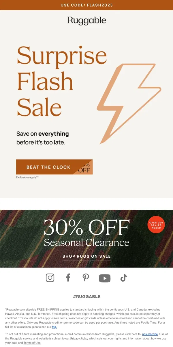 Email from Ruggable. Happening now: Sitewide Flash Sale