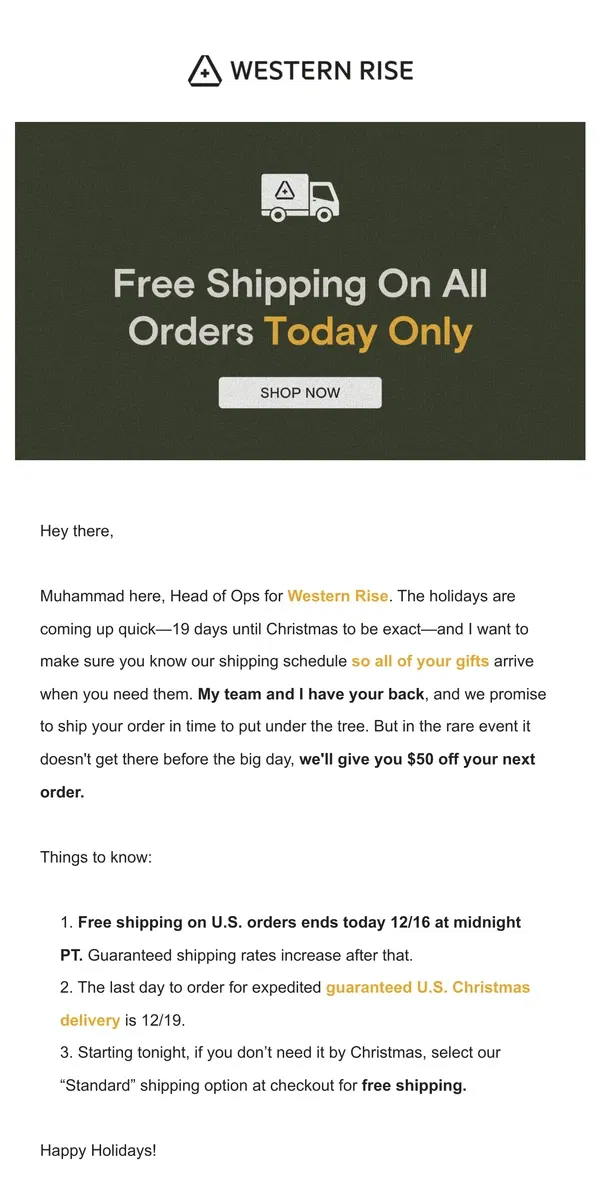 Email from Western Rise. Last day to get it in time for Christmas