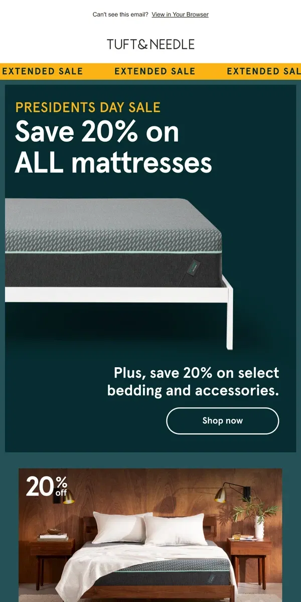 Email from Tuft & Needle. Don’t miss 20% off mattresses