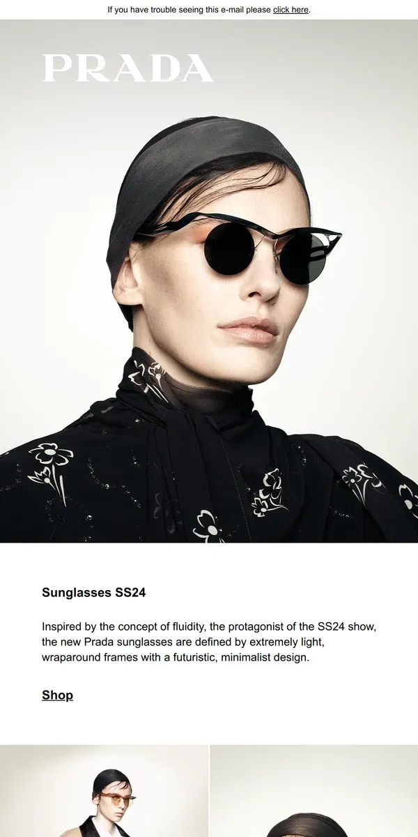 Email from Prada. Fluid shapes: sunglasses SS24