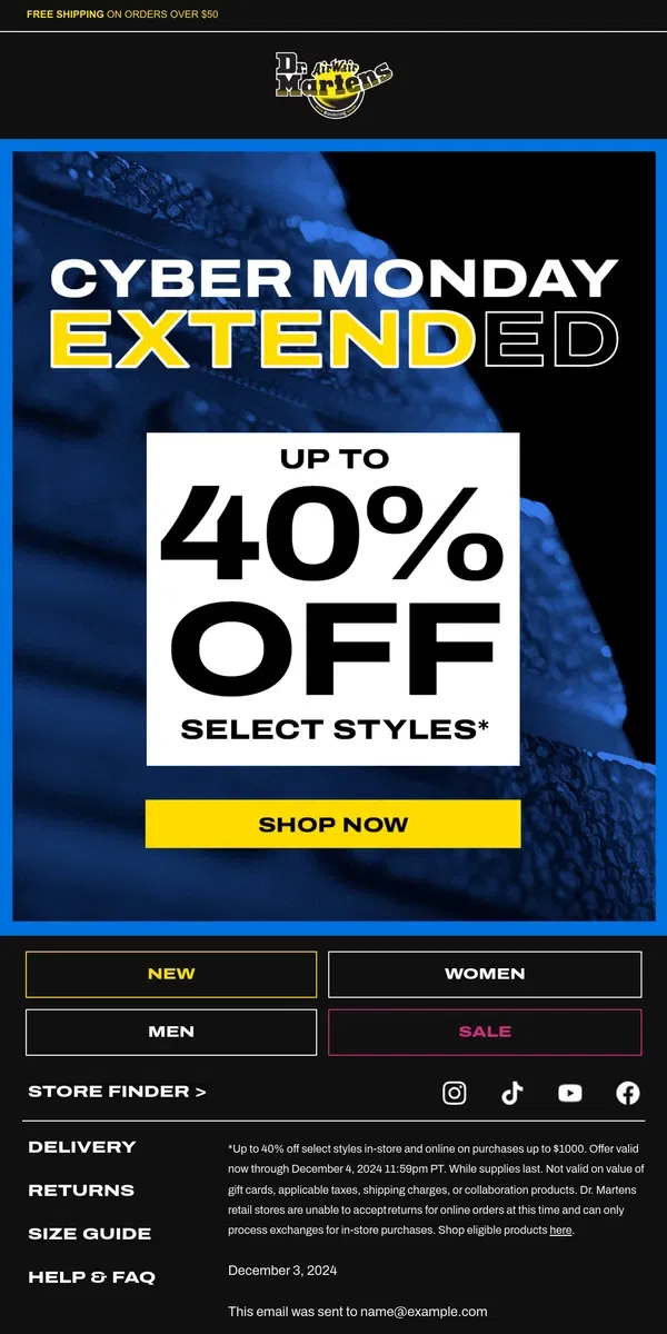 Email from Dr. Martens. Guess what? Cyber Monday's been extended