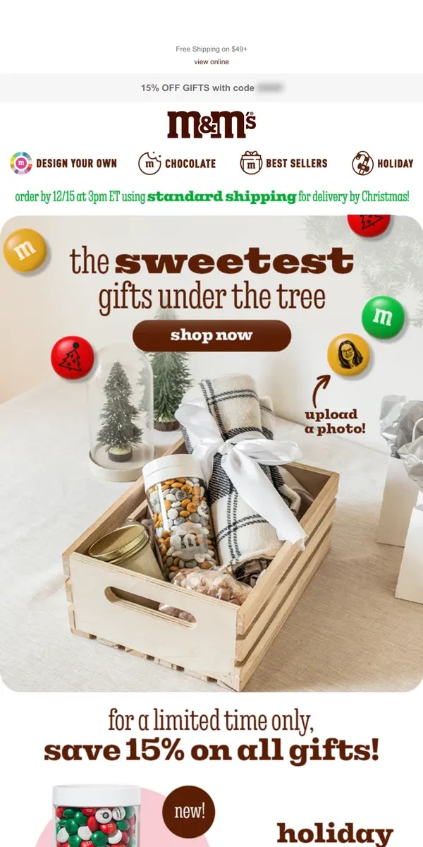 Email from M&M's. Merry & Bright Holiday Gifts