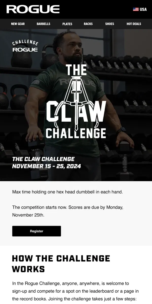 Email from Rogue Fitness. The Claw Challenge Starts Now - Register & Submit Your Score!