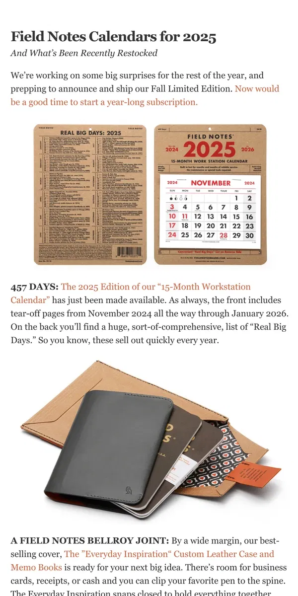 Email from Field Notes. Field Notes Calendars for 2025