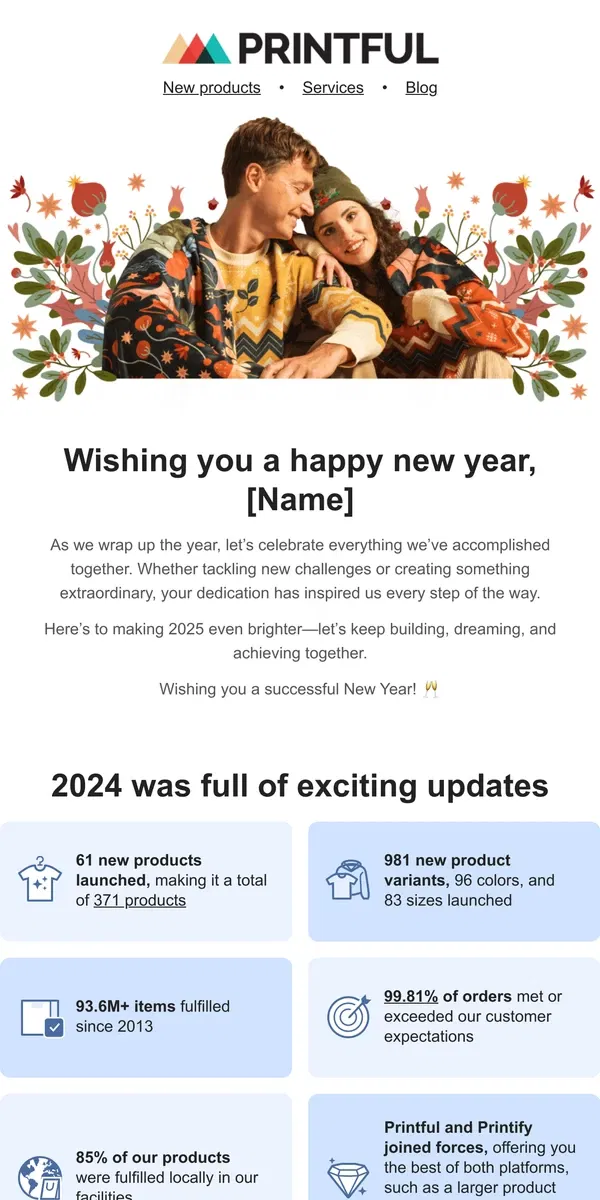 Email from Printful. Happy step into 2025, [Name]! 🥂