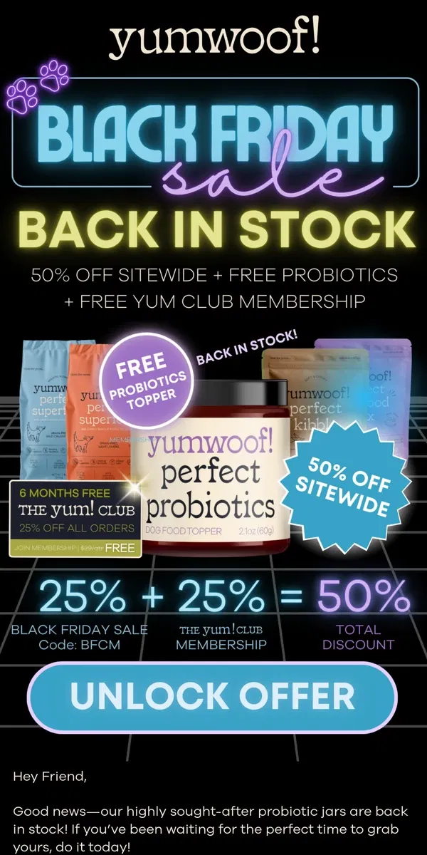 Email from Yumwoof!. Perfect Probiotics are Back In Stock & FREE! 🐶🎊