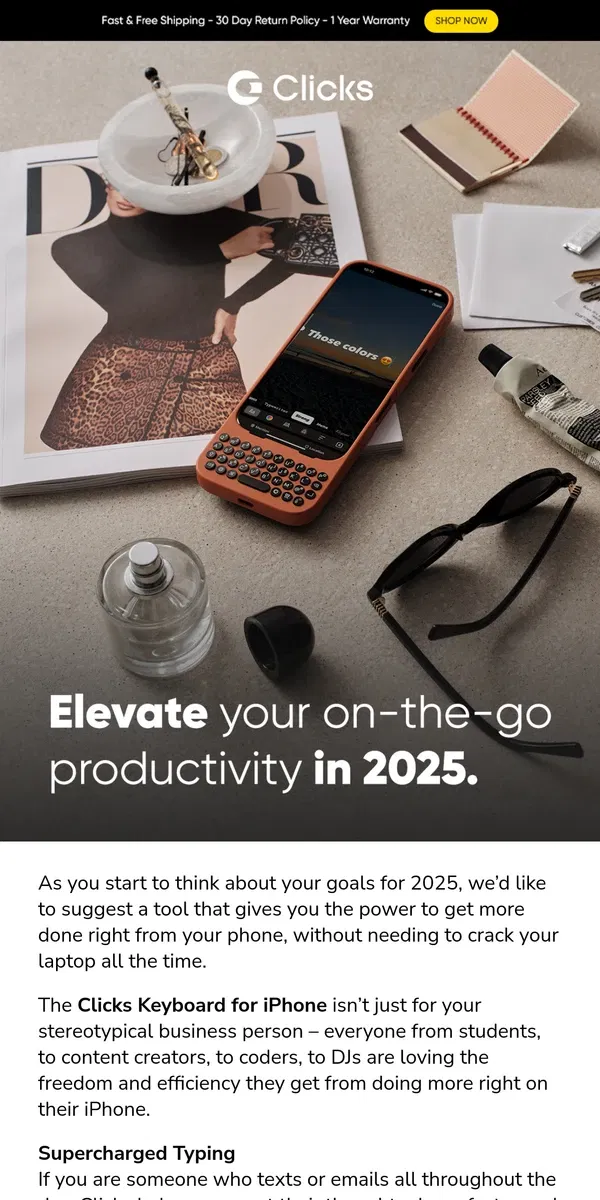 Email from Clicks. Level up for 2025 with a Clicks Keyboard