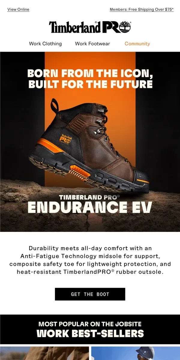 Email from Timberland. Built Tough: The Endurance EV Collection.