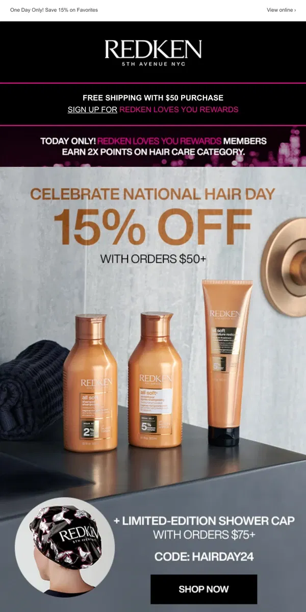 Email from Redken. Enjoy 15% Savings for National Hair Day