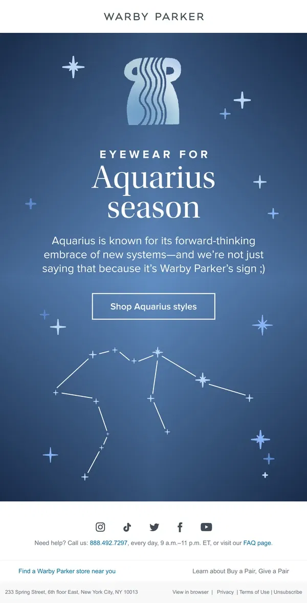 Email from Warby Parker. Happy Aquarius season!