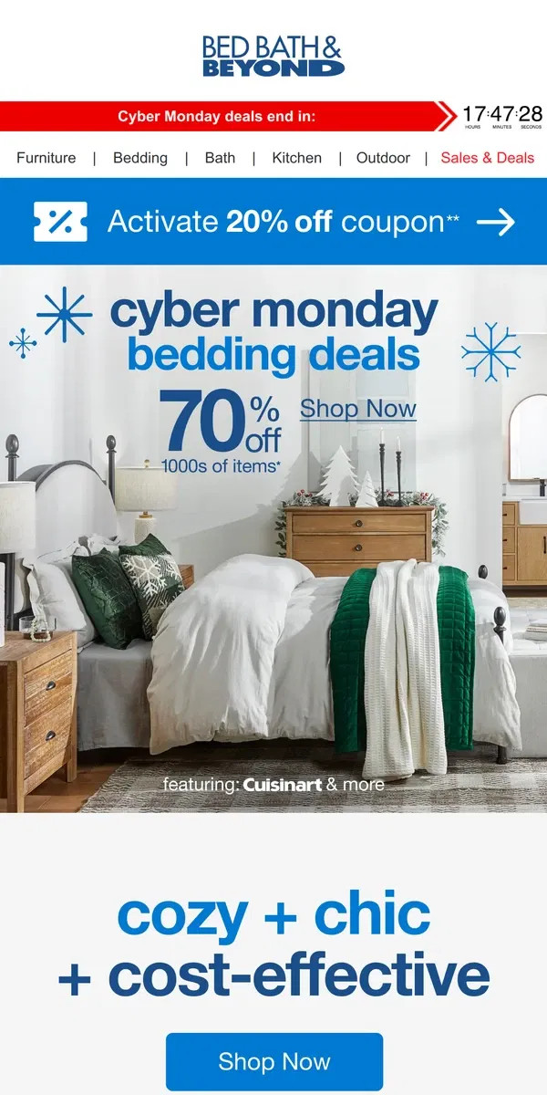 Email from Bed Bath & Beyond. Snuggle Up to Cyber Monday Bedding Deals 🛏️