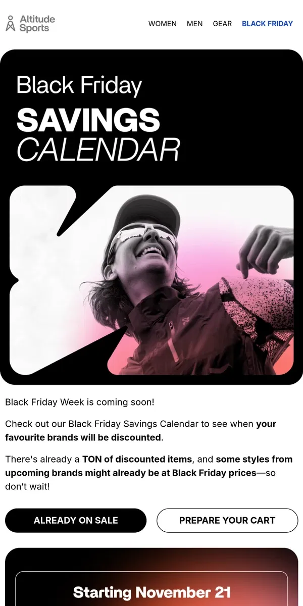 Email from  Altitude Sports. Our Black Friday savings calendar is here!