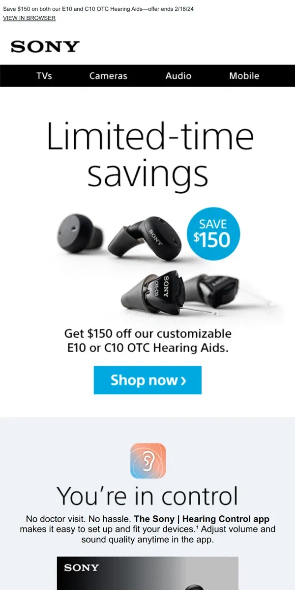 Email from Sony. $150 Off OTC Hearing Aids | Don’t Miss Your Chance to Save