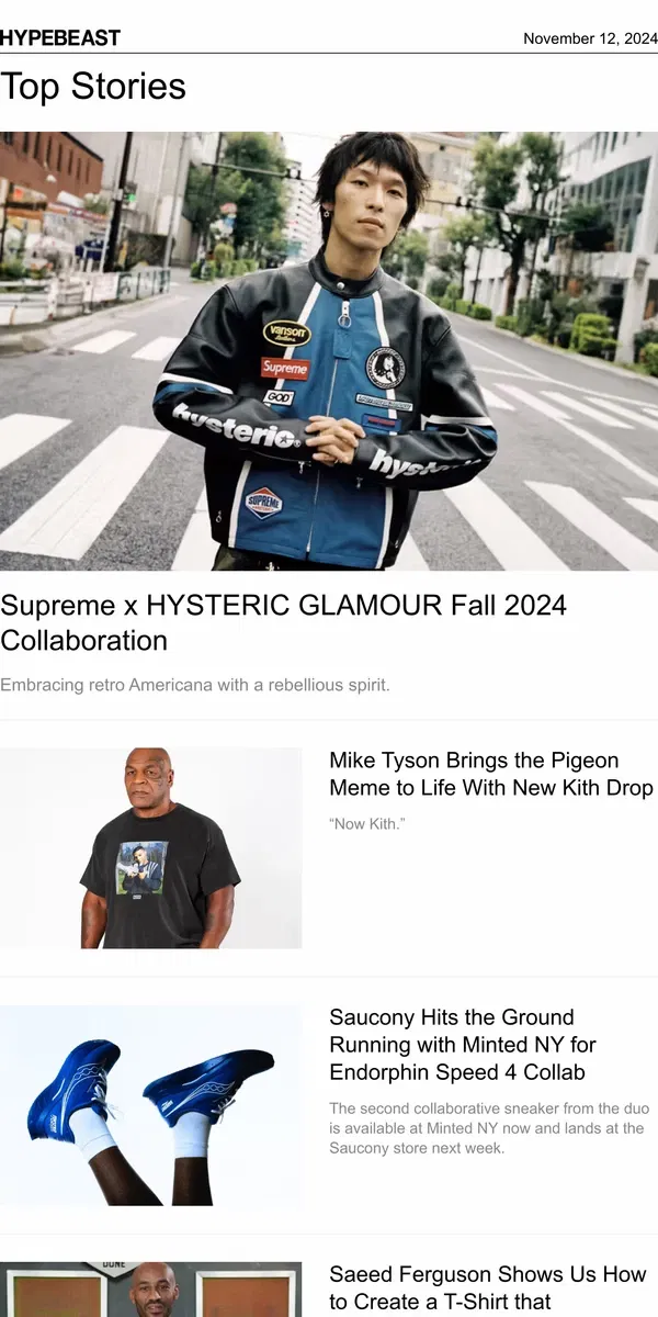 Email from Hypebeast. Supreme and HYSTERIC GLAMOUR Roll Out a New Collab 🦅