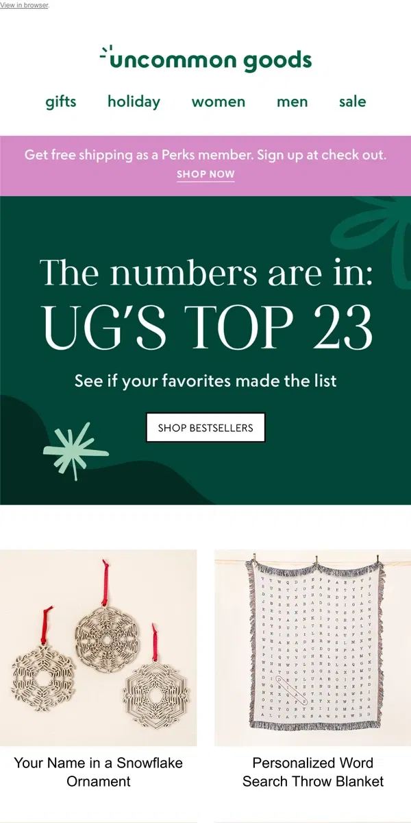 Email from Uncommon Goods. The numbers are in: UG’s top 23